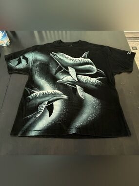 Vintage 1994 NANCY BLAUERS HARLEQUIN Dolphins AOP T Shirt Size XL Single Stitch